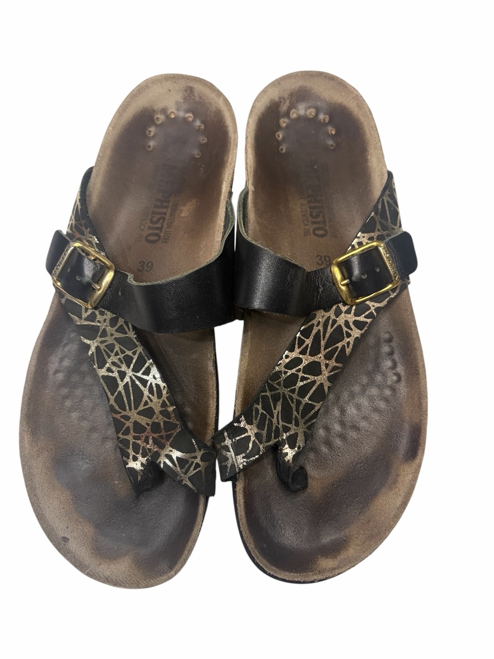 Mephisto Black and Gold Leather Thong Sandals